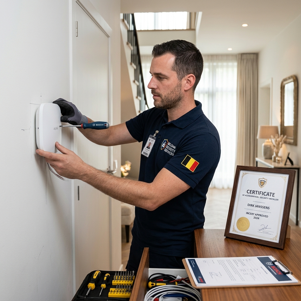 Technicien certifié INCERT installant une alarme en Belgique